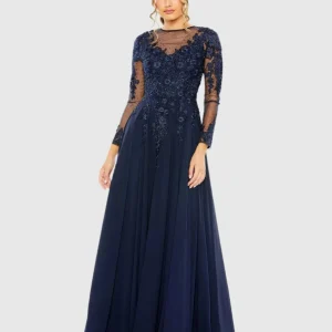 High Neck Mesh Long Sleeve Embellished A Line Gown