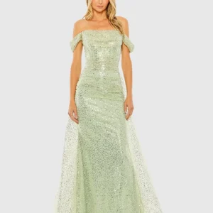 Green Off the Shoulder Sequin Panel Train Gown - FINAL SALE