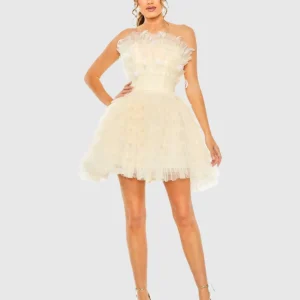 Beige Feathered Strapless Tulle Fit and Flare Dress - FINAL SALE