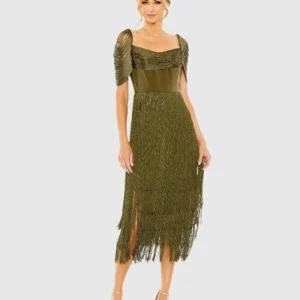 Green Short Sleeve Fringe Detailed Midi Dress