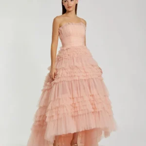 Strapless Tulle Ruffle Gown