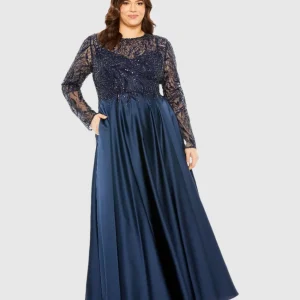 Navy Sheer Long Sleeve Beaded Top Satin Gown (Plus)