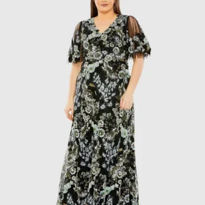 Black Sheer Sleeve V-Neck Floral Embroidered Gown (Plus)