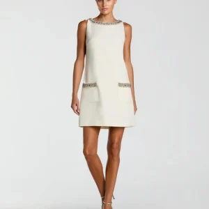 Ivory Sleeveless Shift Mini Dress with Rhinestone Trim