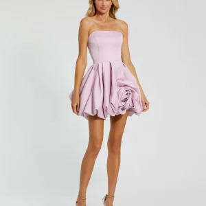 Purple Strapless Mini Dress With Rose Ruffle Detail