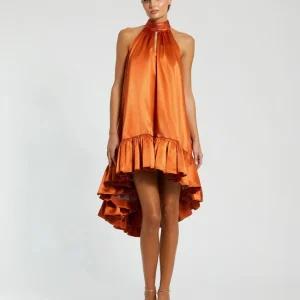 Orange High Neck Satin Mini Dress With Keyhole