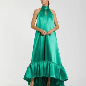 Green Sleeveless Halter Neck Keyhole Satin High Low Gown