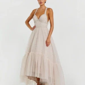 Pearl Beaded High Low Gown