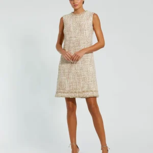 Beige Beaded Trim A-Line Mini Shift Dress