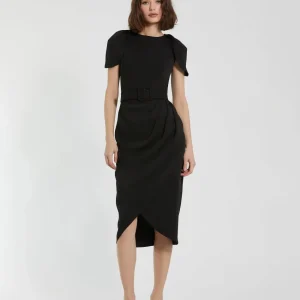 Crepe Boat Neck Midi Tulip Dress With Belt