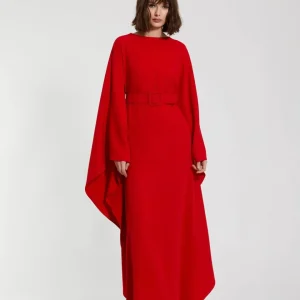 Red Crepe Boat Neck Kaftan Maxi Dress With Belt