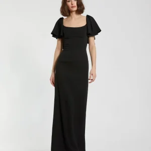 Crepe Fitted Long Dress With Short Ruffle Sleeves