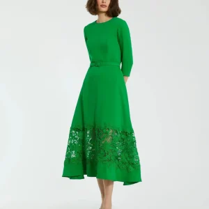 Green Crepe Boat Neck Midi Dress With Applique Cut Out