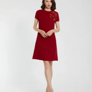 Red Crepe Cap Sleeve Mini Dress With 3D Flower Details