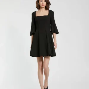 Black Crepe Square Neck 3/4 Sleeve Godet Mini Dress - FINAL SALE