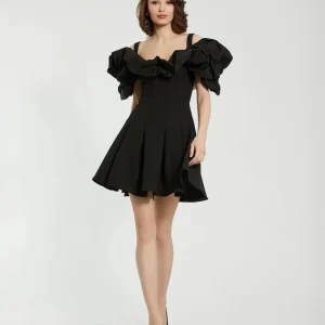 Black Crepe Godet Hem Mini Dress With Faille Ruffle - FINAL SALE