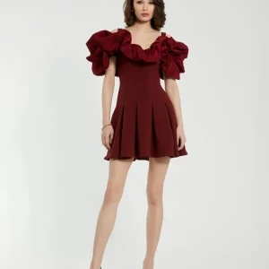 Red Crepe Godet Hem Mini Dress With Faille Ruffle