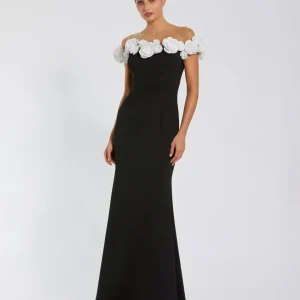 Black and White Stretch Crepe Mermaid Gown With 3D Flowers
