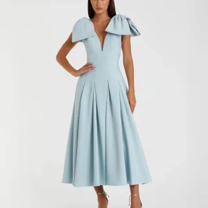 Blue Crepe A Line Midi Dress With Bow Straps