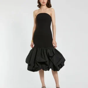 Black Crepe Strapless Midi Dress With Bubble Hem