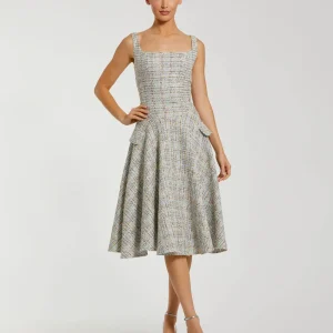 Multicolor Sleeveless Drop Waist Boucle Midi Dress