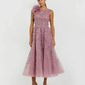 Purple High Neck Embellished Midi Dress with 3D Flower