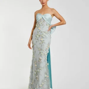 Blue Strapless Sweetheart Embellished Gown With Bow