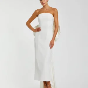 White Strapless Crepe Sheath Dress with Bow