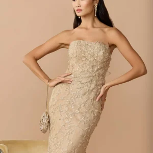 Beige Strapless Embellished Lace Gown with 3D Flower