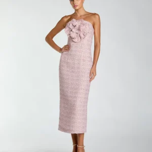 Pink Strapless Boucle Midi Dress With 3D Flower