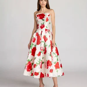 White Strapless Floral Printed A Line Midi Dress