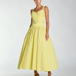 Yellow Sleeveless Faille A-Line Midi Dress With Belt