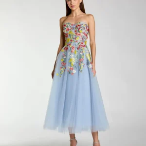 Blue Strapless Floral Embroidered A-Line Midi Dress