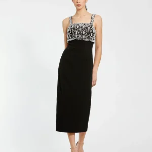 Black Wide Strap Embellished Top Midi Dress