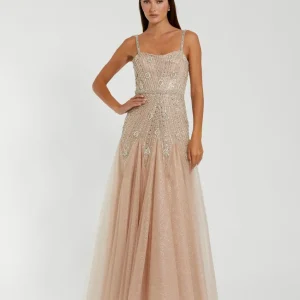 Beige Slim Strap Embellished Bustier Gown