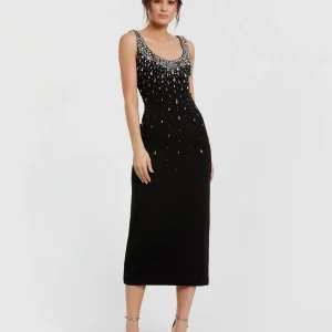 Black Beaded Crepe Scoop Neck Sleeveless Midi Dress