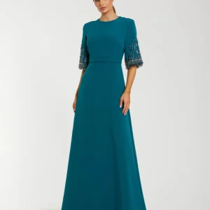 Blue Crepe A Line Gown with Beaded 3/4 Sleeves