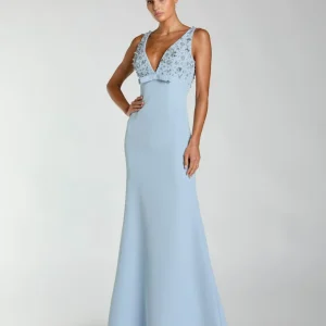Blue Sleeveless Embellished Crepe Gown With Bow
