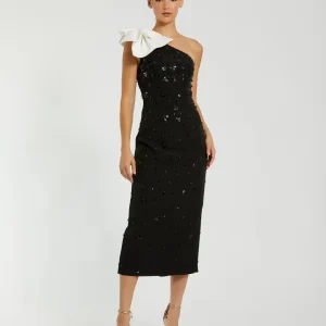 Black Crepe One Shoulder Beaded Midi Dress With Bow