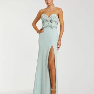 Green Strapless Rhinestone Bodice Crepe Gown