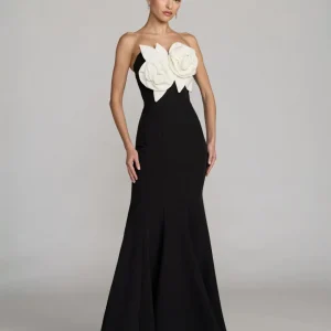 Black Strapless Crepe Mermaid Gown With 3D Flowers