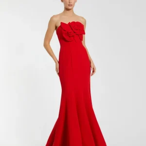 Red Strapless Mermaid Gown With 3D Flowers