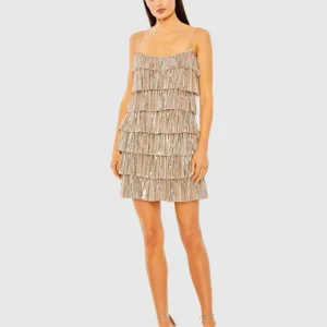 Beaded Strap Sequin Ruffle Mini Dress