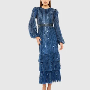 Long Sleeve Ruffle Detail Sequin Dress