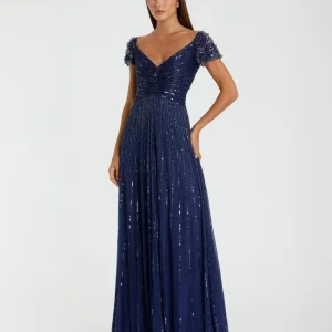 Navy Sequined Evening Gown With Embellished Shoulders