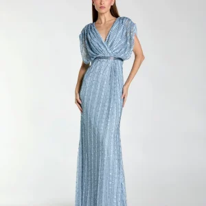 Blue Embellished Blouson V Neck Column Gown
