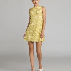 Yellow 3D Floral Embellished Sleeveless Mini Dress