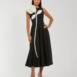 Black Crepe A Line Midi Dress with 3D Flower