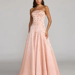 Pink Strapless Embellished Satin Ball Gown With Pockets