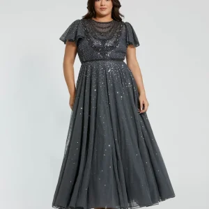 Gray Embellished Flutter Sleeve Evening Gown (Plus) - FINAL SALE